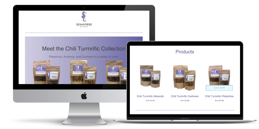 Seahorse Snacks ecommerce website on laptop and desktop