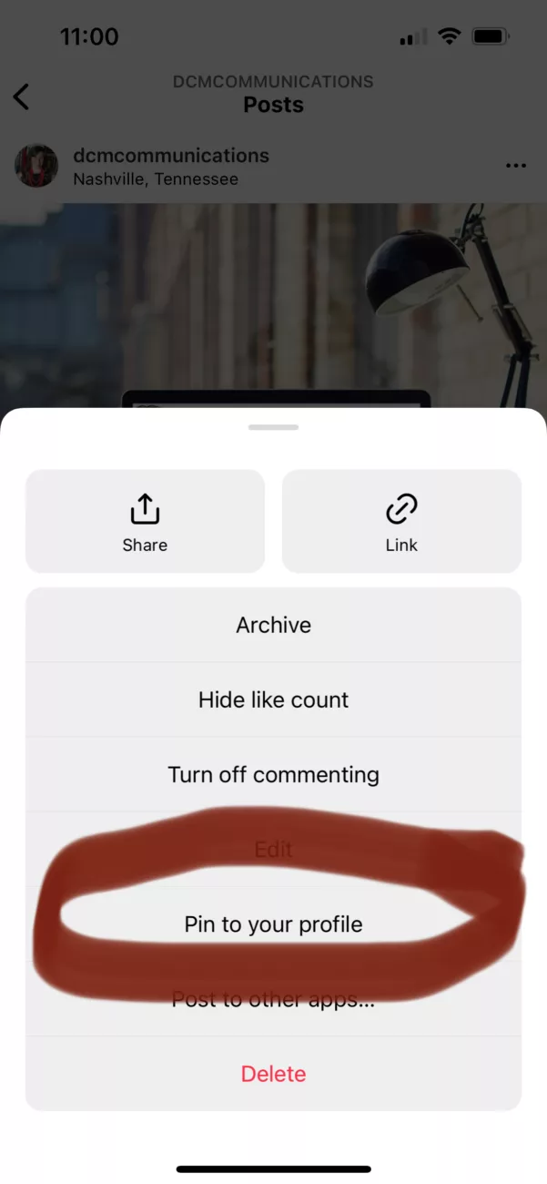 screenshot of instagram menu with red circle around "pin to your profile"
