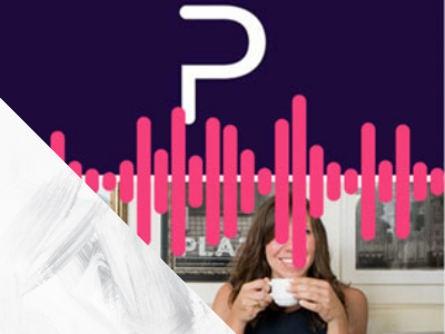 creative graphic of the Purple Podcast logo with pink audio lines over it