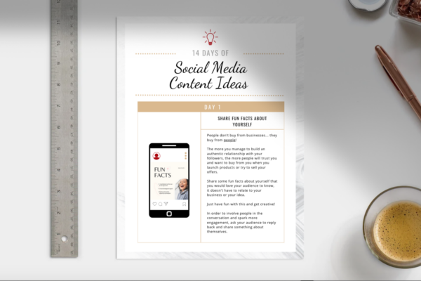 14 days of social media content ideas guide on table