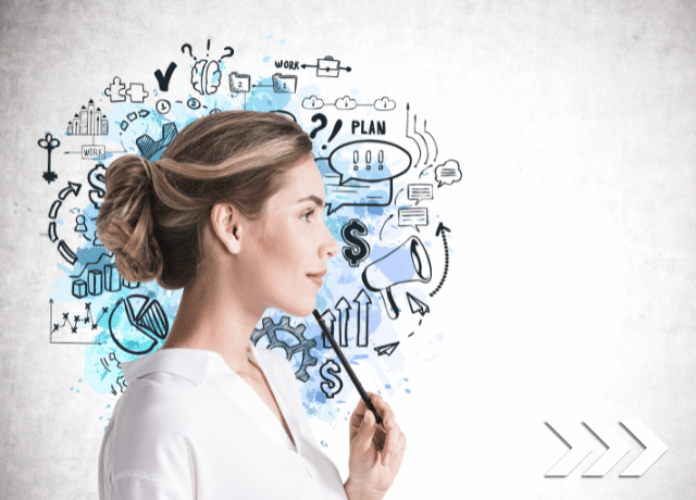woman looking pensive in front of a illustration thought bubble