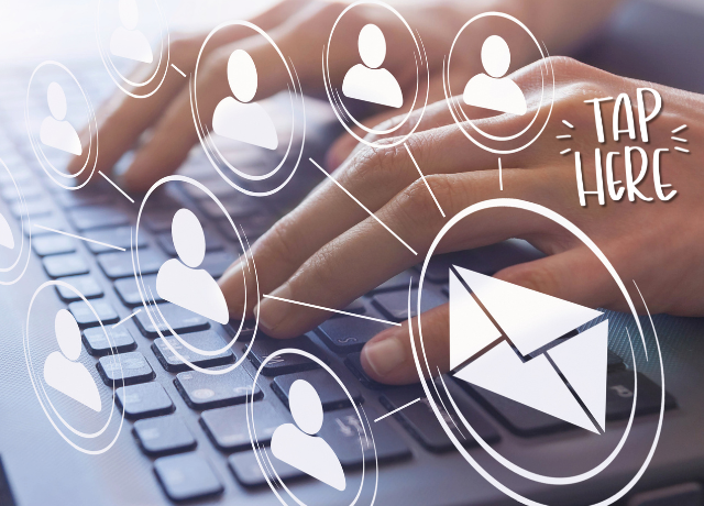 fingers on laptop keyboard with email and people icons overlaid relating to win-back email marketing campaign