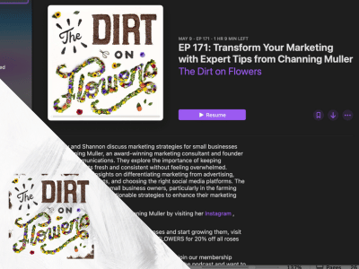 dirt on flowers podcast graphic showing screenshot from apple podcasts press graphic