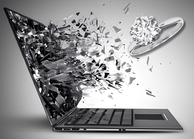 diamond engagement ring shattering out of laptop screen relating to taylor swift and travis kelce engagement announcement relating to big business announcement