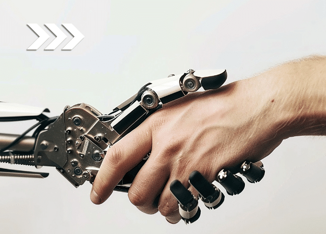 robot and human shaking hands relating to AI use in small business marketing blog on Dcmcommunications.com