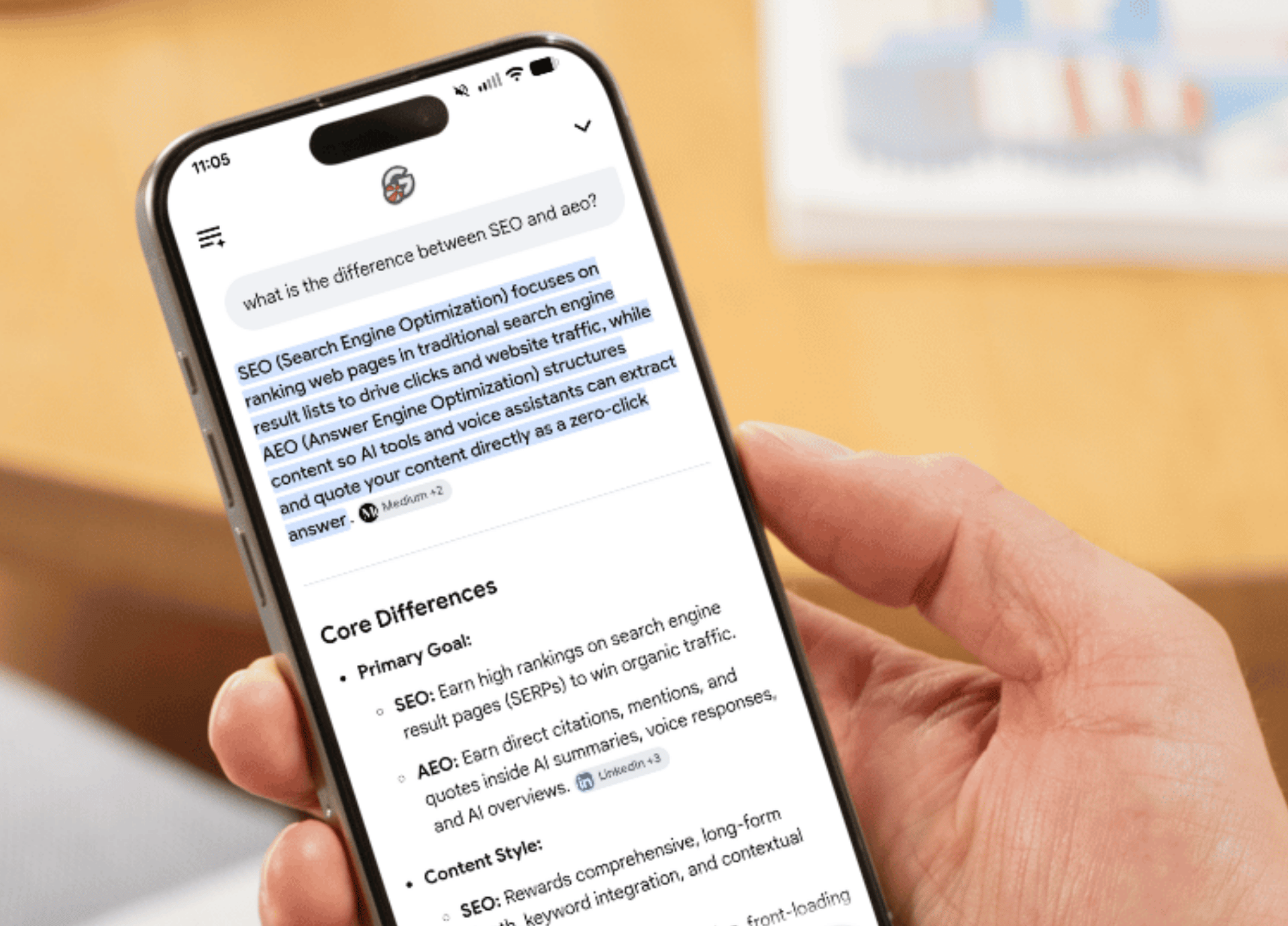 phone screen showing ai summary relating to seo vs. aeo
